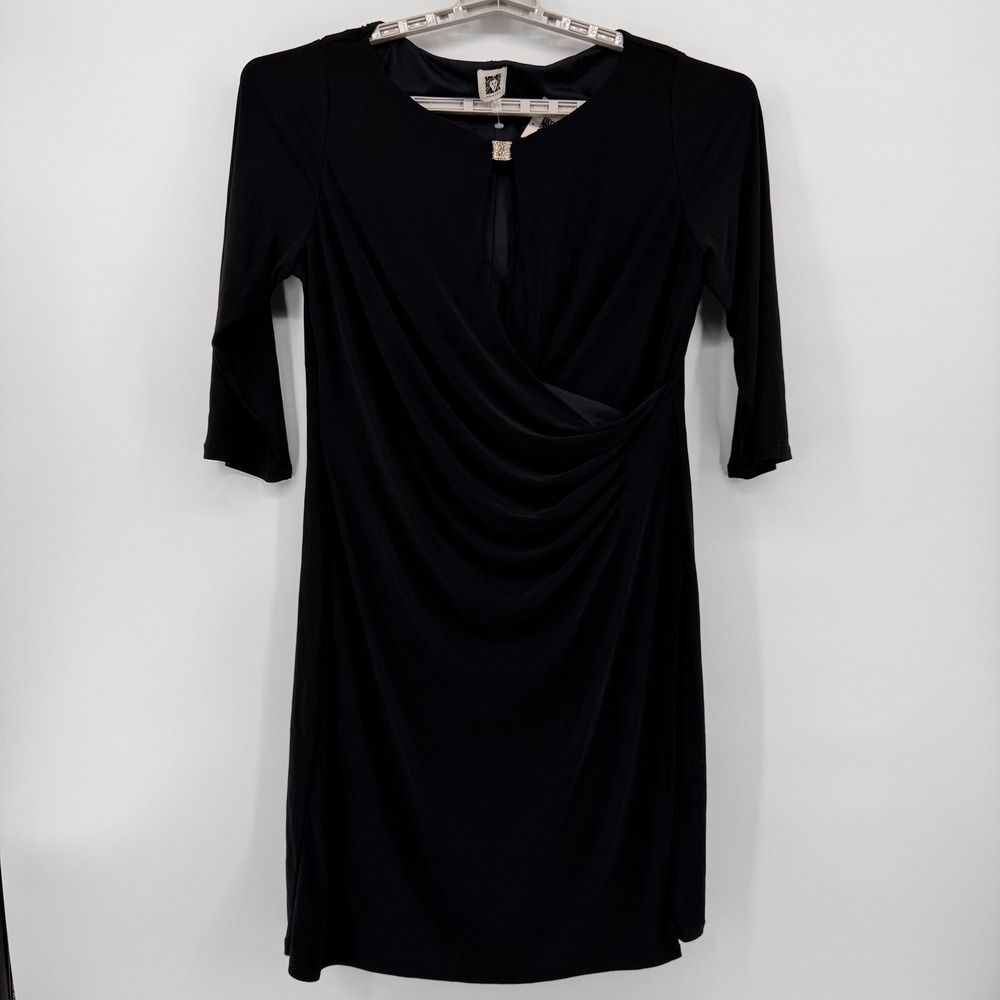 Anne Klein Black Sheath Dress XL Rhinestone Detail Ruched Cocktail Career‎
